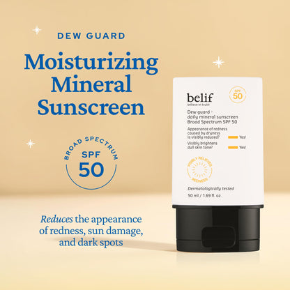 belif Dew Guard SPF 50 Mineral Sunscreen with Niacinamide & Hyaluronic Acid — Hydrating, Non-Greasy, No White Cast