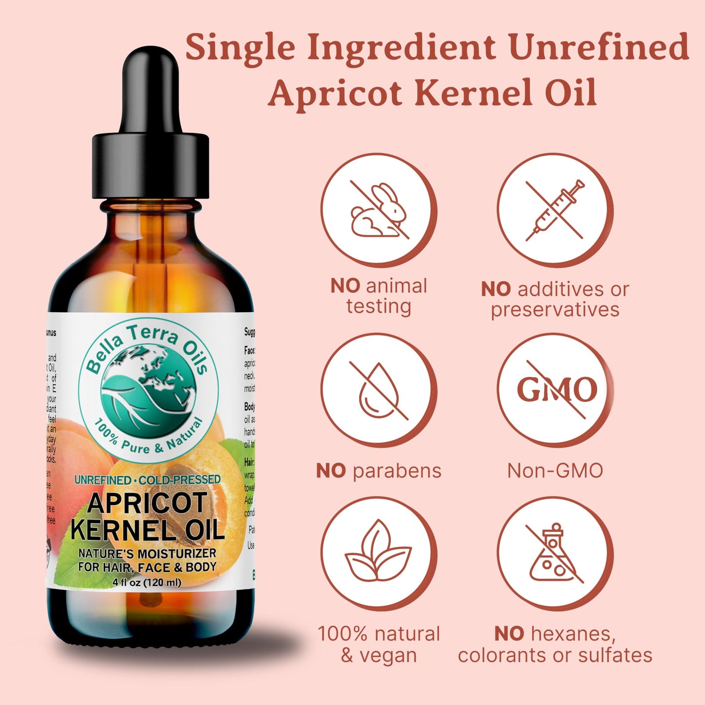 Bella Terra Oils Organic Apricot Seed Oil 8 oz — Cold-Pressed Carrier for Skin & Hair