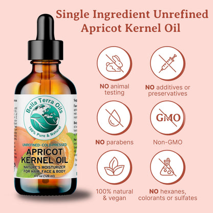 Bella Terra Oils Organic Apricot Seed Oil 8 oz — Cold-Pressed Carrier for Skin & Hair