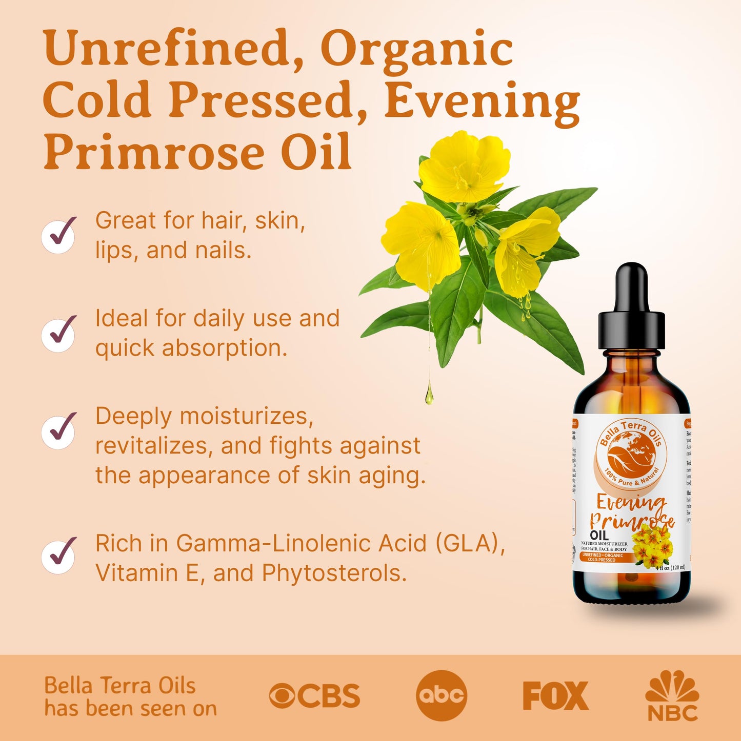 Bella Terra Oils Organic Evening Primrose Oil 8 oz | Pure Primrose with GLA