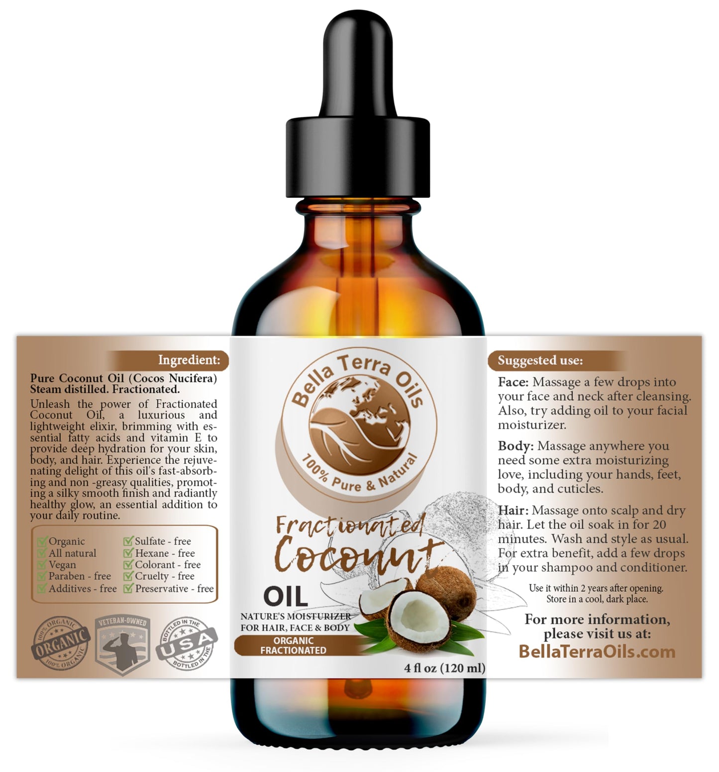 Bella Terra Oils - Organic Fractionated Coconut Oil (MCT) 4oz | Pure Coconut Essence, Rich in Capric & Lauric Acids