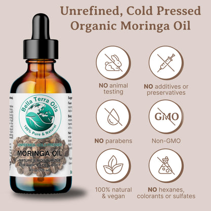 Bella Terra Oils Organic Moringa Seed Oil 8 oz | Pure, Unsaturated Fatty Acids for Skin & Hair Glow