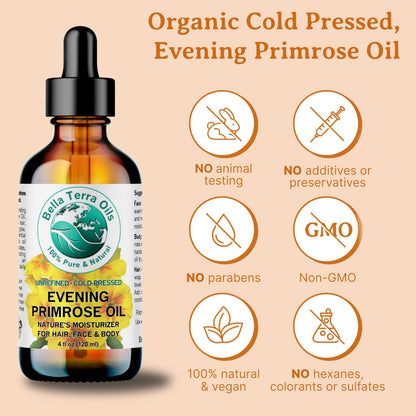 Bella Terra Oils Organic Evening Primrose Oil 8 oz | Cold-Pressed Seed-to-Bottle Purity