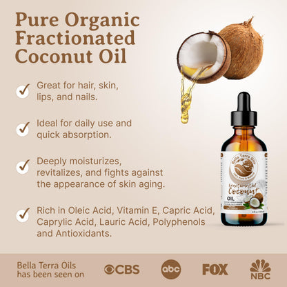 Bella Terra Oils Organic Fractionated Coconut Oil 8oz | Liquid Gold for Skin, Hair & Massage