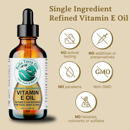 Bella Terra Oils Organic Vitamin E Oil 4 oz — D-Alpha Tocopherol Rich for Face & Body