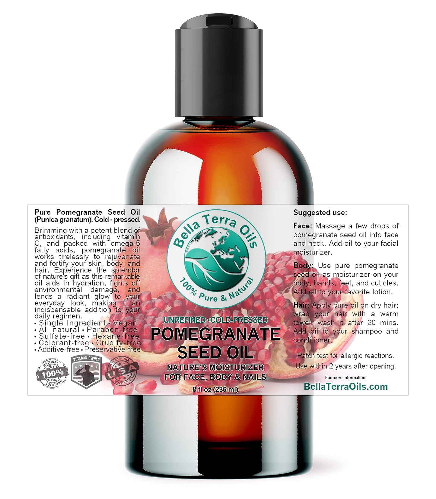 Bella Terra Oils Organic Pomegranate Seed Oil 8 oz – Hydration & Antioxidants