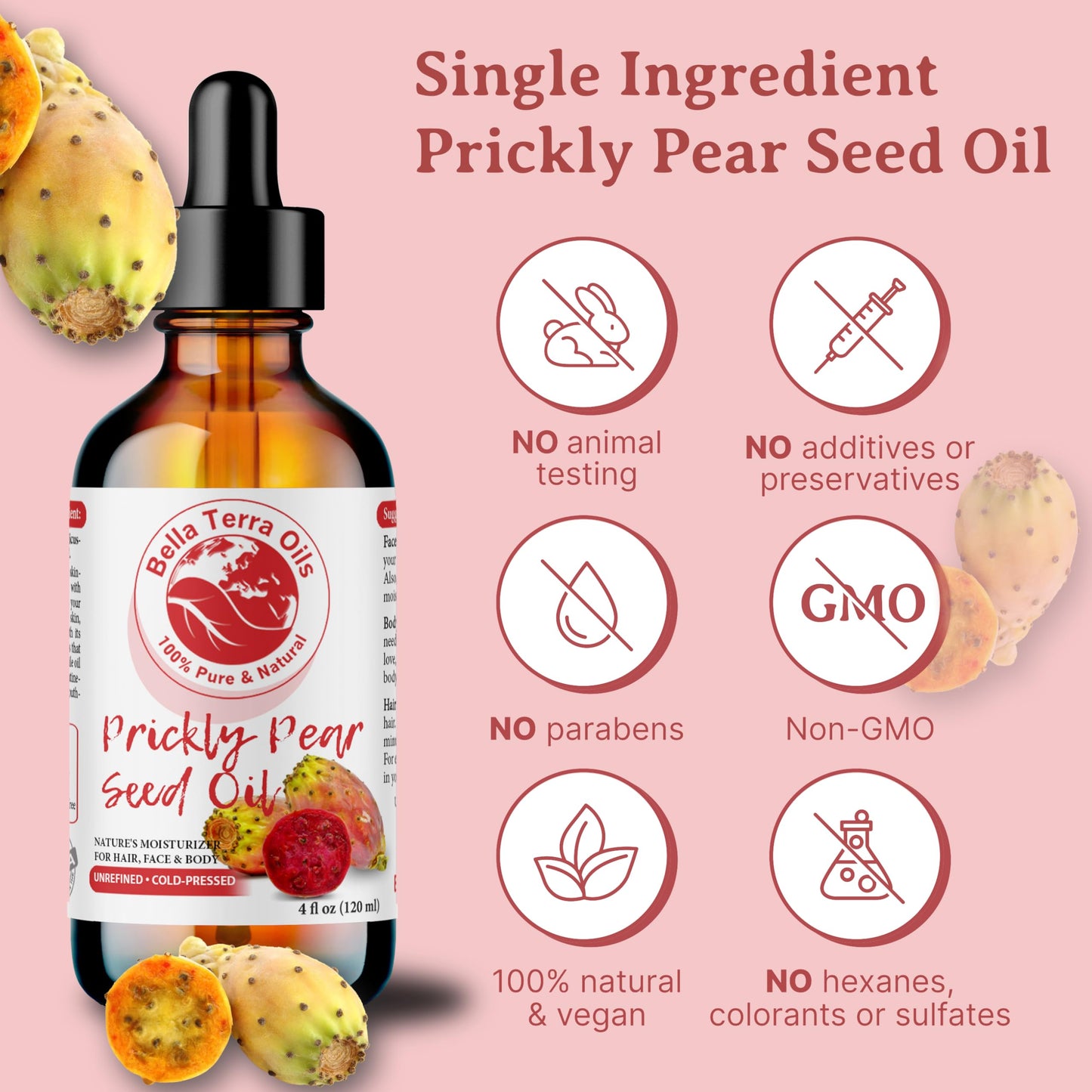 Bella Terra Oils - Prickly Pear Seed Oil 2oz | Vitamin A & Magnesium Rich Skincare