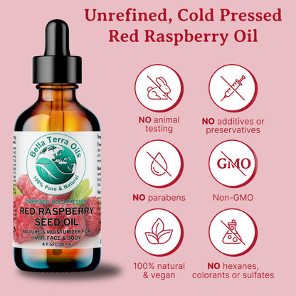Bella Terra Oils Red Raspberry Seed Oil 8 oz — Cold-Pressed Omega-3, 6 & 9 for Radiant Skin