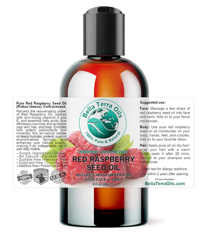 Bella Terra Oils Red Raspberry Seed Oil 8 oz — Cold-Pressed Omega-3, 6 & 9 for Radiant Skin