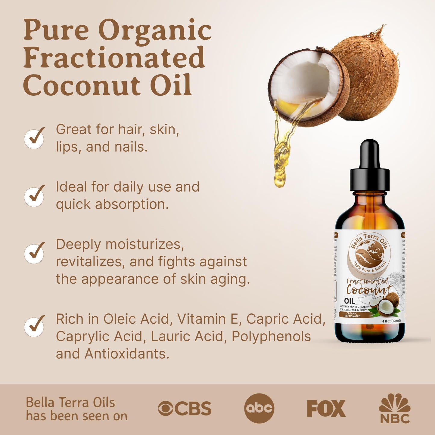 Bella Terra Oils - Organic Fractionated Coconut Oil (MCT) 4oz | Pure Coconut Essence, Rich in Capric & Lauric Acids