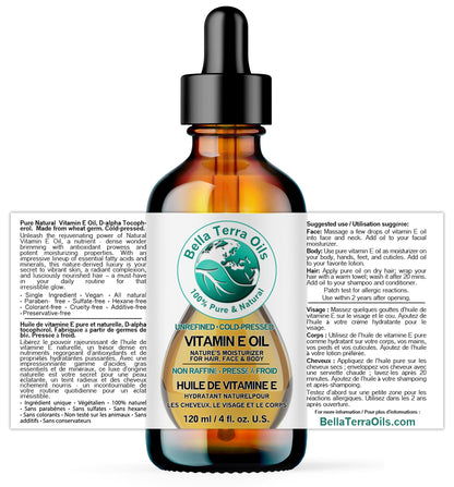 Bella Terra Oils Organic Vitamin E Oil 4 oz — D-Alpha Tocopherol Rich for Face & Body