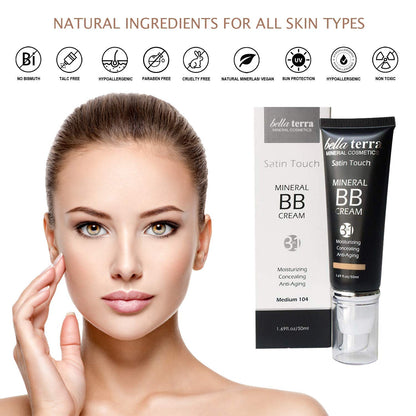 Bellaterra Cosmetics BB Cream Medium Tan 105 – Mineral Tinted Moisturizer & Matte Foundation, Oil-Free, Buildable Coverage, Clean Beauty 1.69 oz