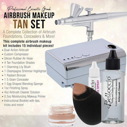 Belloccio Professional Beauty Airbrush System – 4 Tan Foundation Shades + Blush, Bronzer, Highlighter Kit