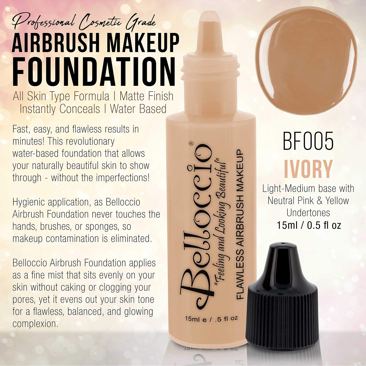Belloccio Professional Airbrush Makeup Foundation Ivory – 1/2 oz (Light–Medium, Neutral Pink/Yellow Undertones)