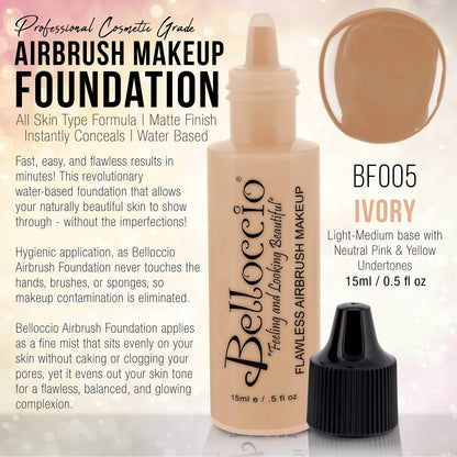 Belloccio Professional Airbrush Makeup Foundation Ivory – 1/2 oz (Light–Medium, Neutral Pink/Yellow Undertones)