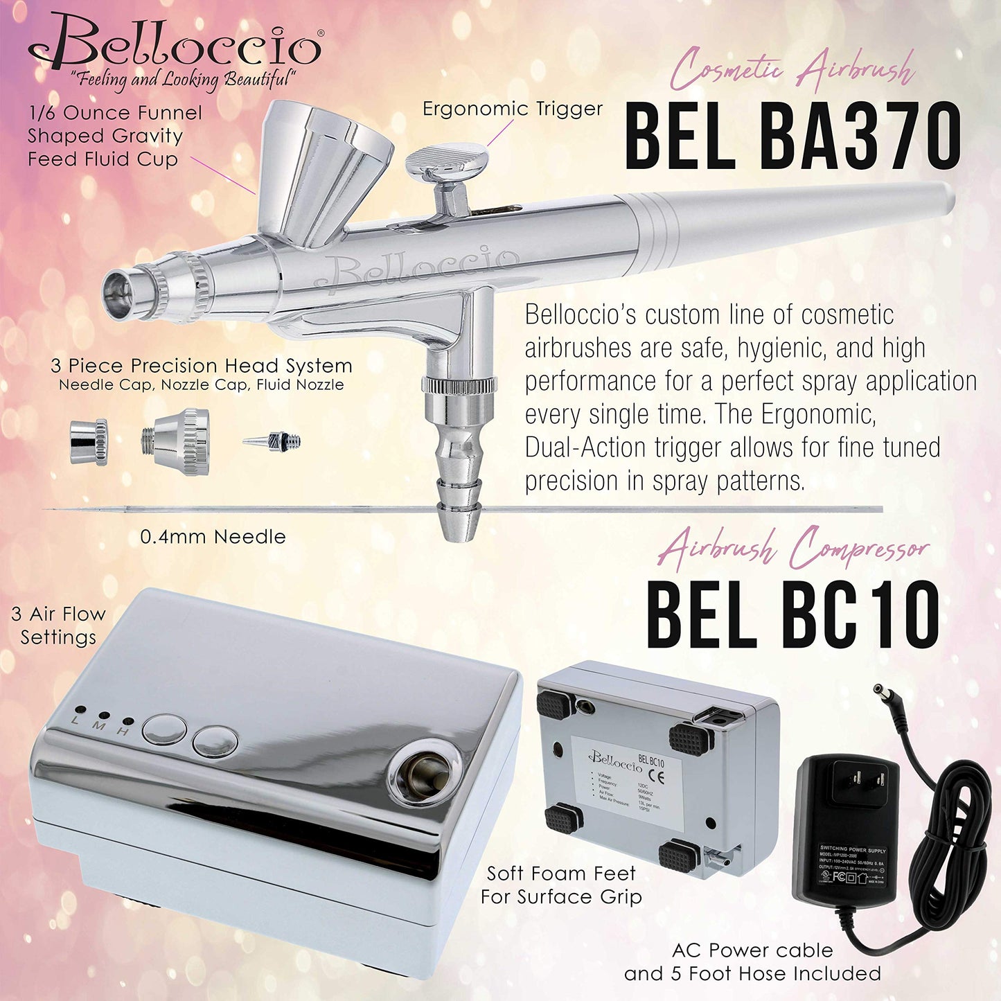 Belloccio Professional Beauty Airbrush System – 4 Tan Foundation Shades + Blush, Bronzer, Highlighter Kit