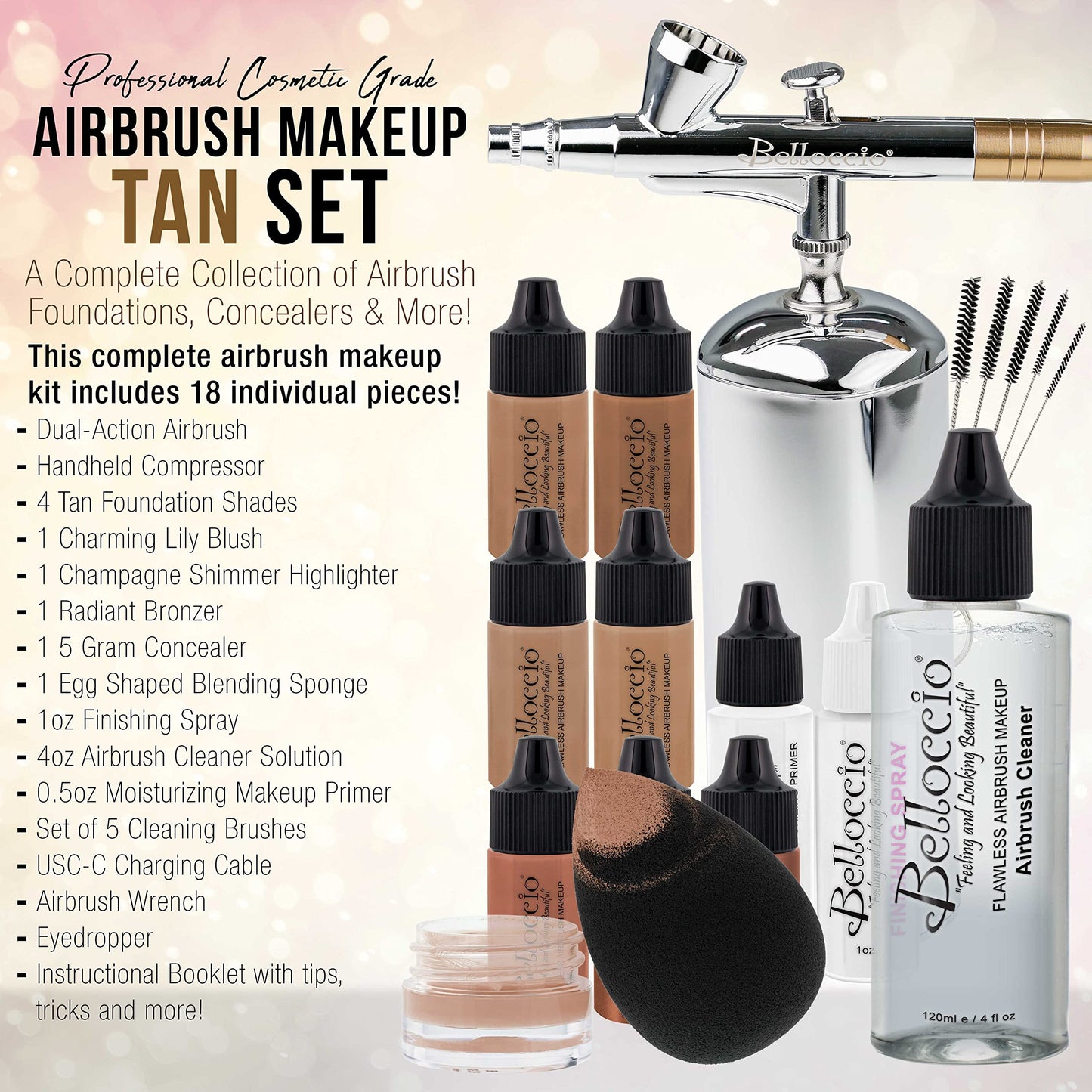 Belloccio Complete Cordless Airbrush Makeup System – 18-Piece Kit with 4 Tan Foundations