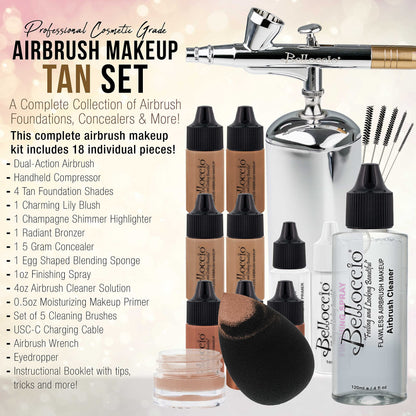 Belloccio Complete Cordless Airbrush Makeup System – 18-Piece Kit with 4 Tan Foundations