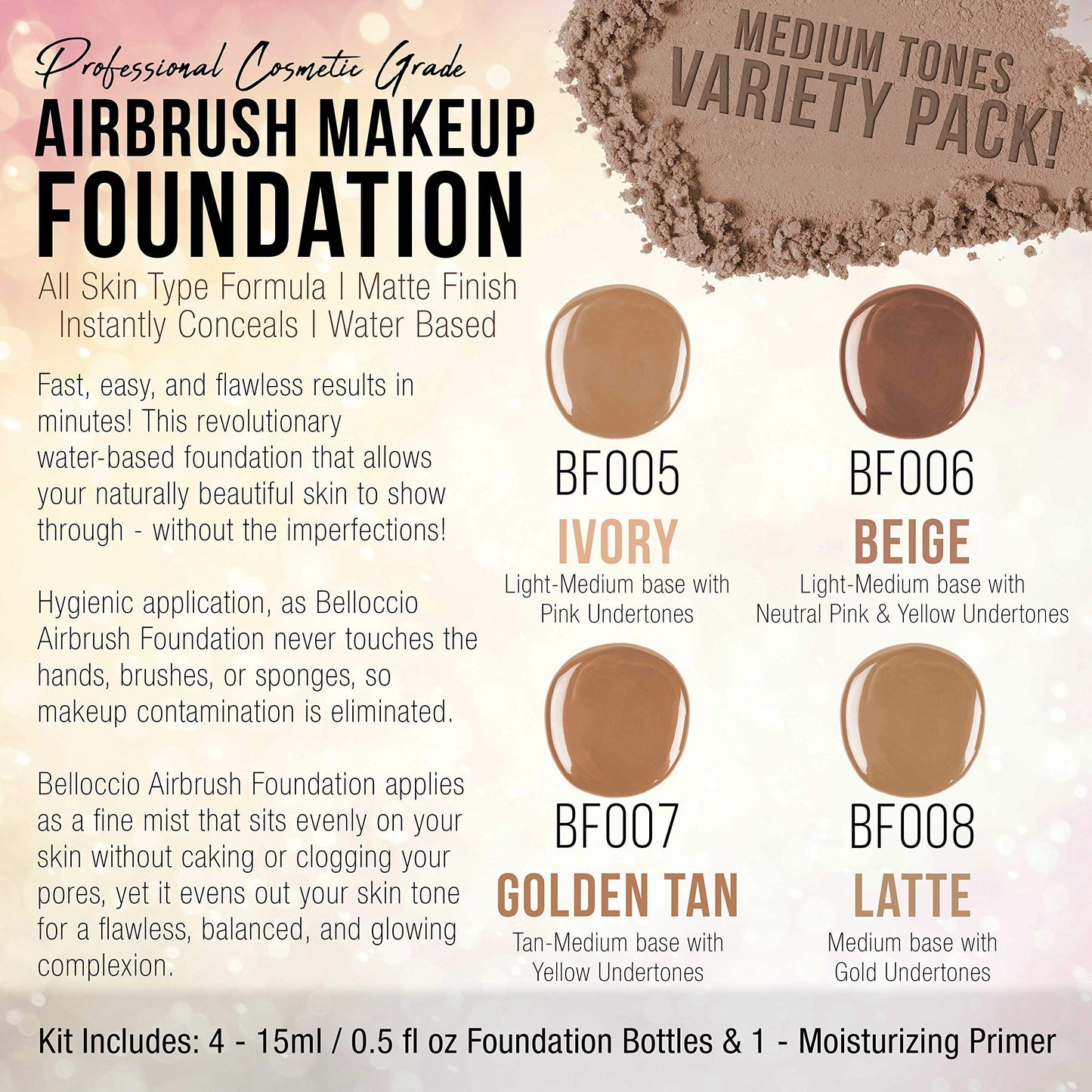 Belloccio Medium Color Shade Foundation Set — Airbrush Foundation with Primer