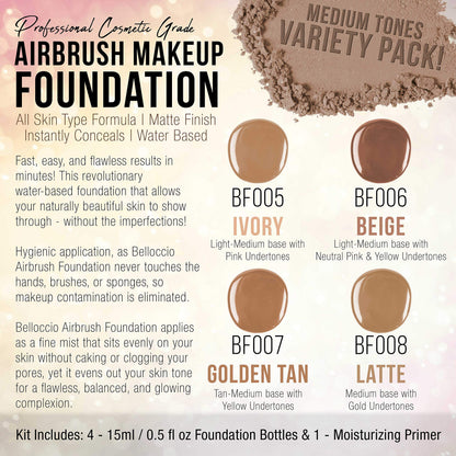 Belloccio Medium Color Shade Foundation Set — Airbrush Foundation with Primer