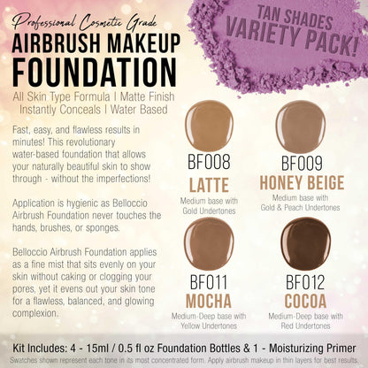 Belloccio Complete Cordless Airbrush Makeup System – 18-Piece Kit with 4 Tan Foundations