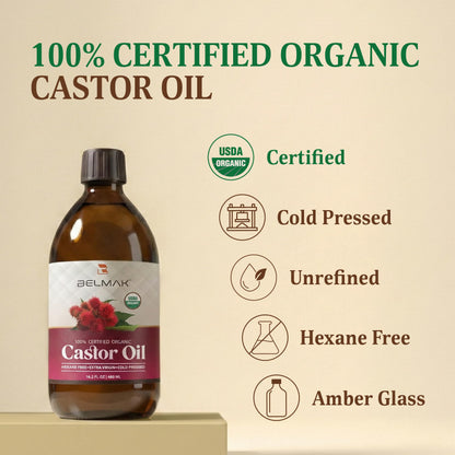 BELMAK Organic Castor Oil – Cold-Pressed, Unrefined, Hexane-Free, USDA Organic, 16.2 oz in Amber Glass