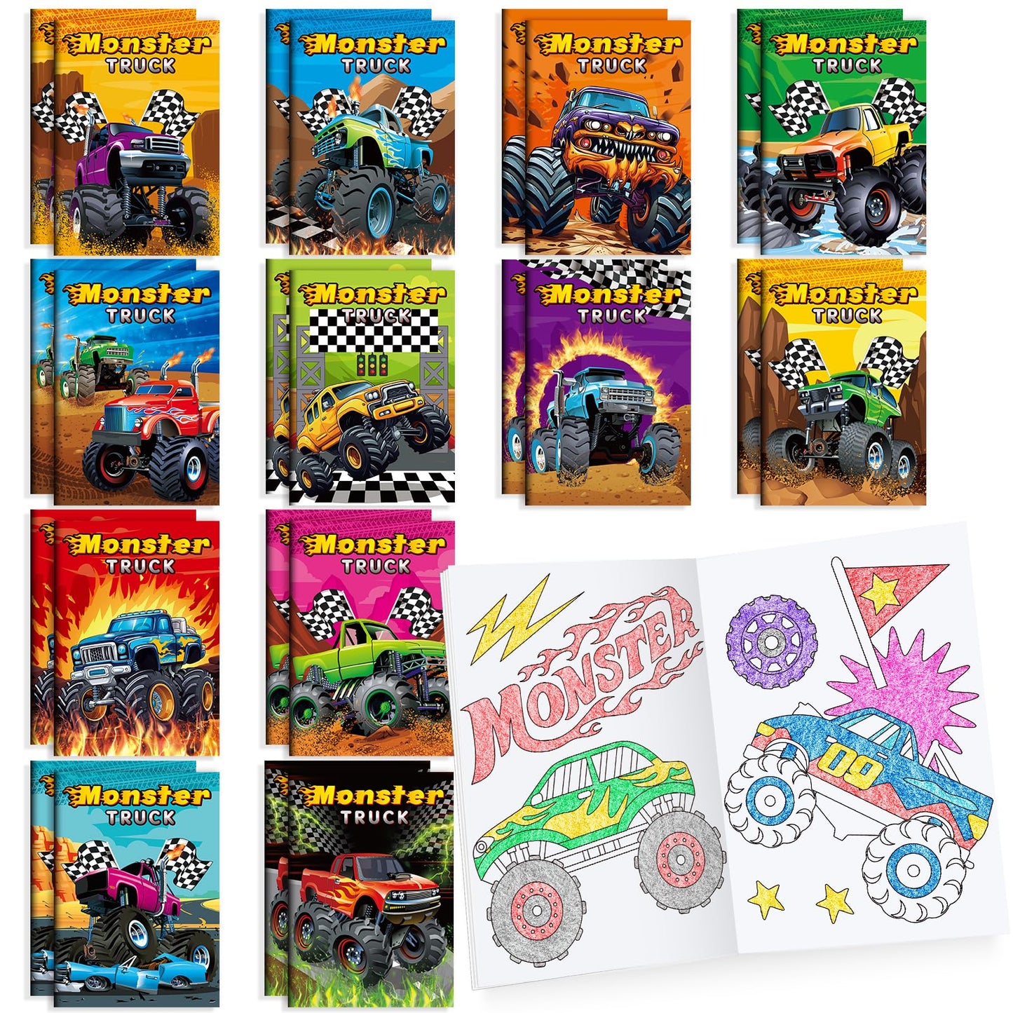 BenLouis 24 Pcs Monster Truck Mini Coloring Books for Kids | Party Favors & Travel
