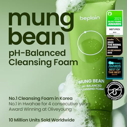 Beplain Mung Bean pH-Balanced Cleansing Foam – Fragrance-Free, Non-Comedogenic, 80ml | Korean Skincare