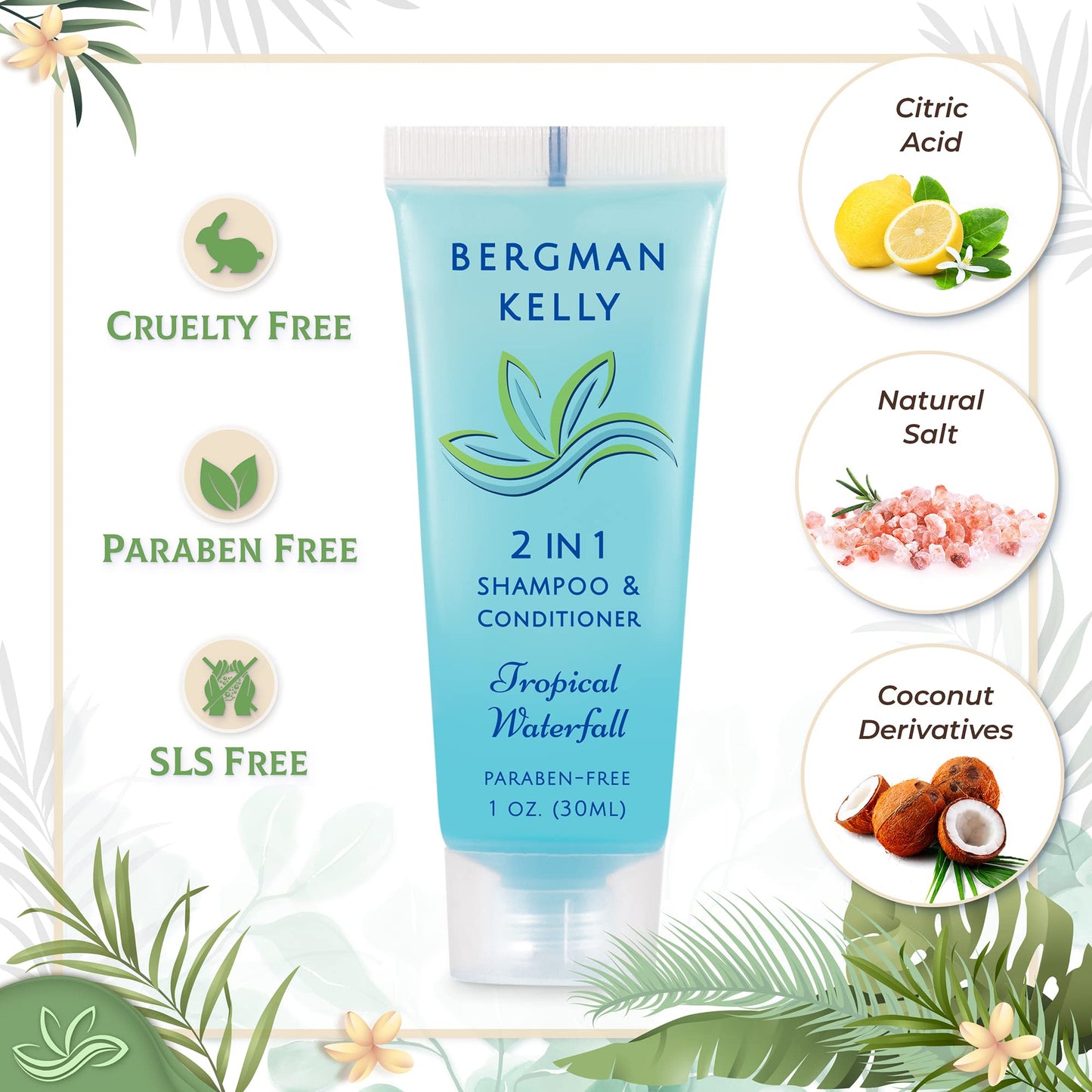 BERGMAN KELLY Round Soap Bars & 2-in-1 Shampoo & Conditioner Set – Tropical Waterfall, 100-Piece Hotel Amenities