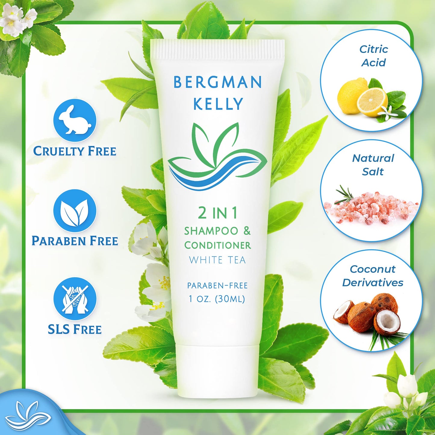 BERGMAN KELLY Travel Size 2-in-1 Shampoo & Conditioner – 200 Pack, 1 fl oz, White Tea