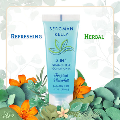 BERGMAN KELLY Round Soap Bars & 2-in-1 Shampoo & Conditioner Set – Tropical Waterfall, 100-Piece Hotel Amenities