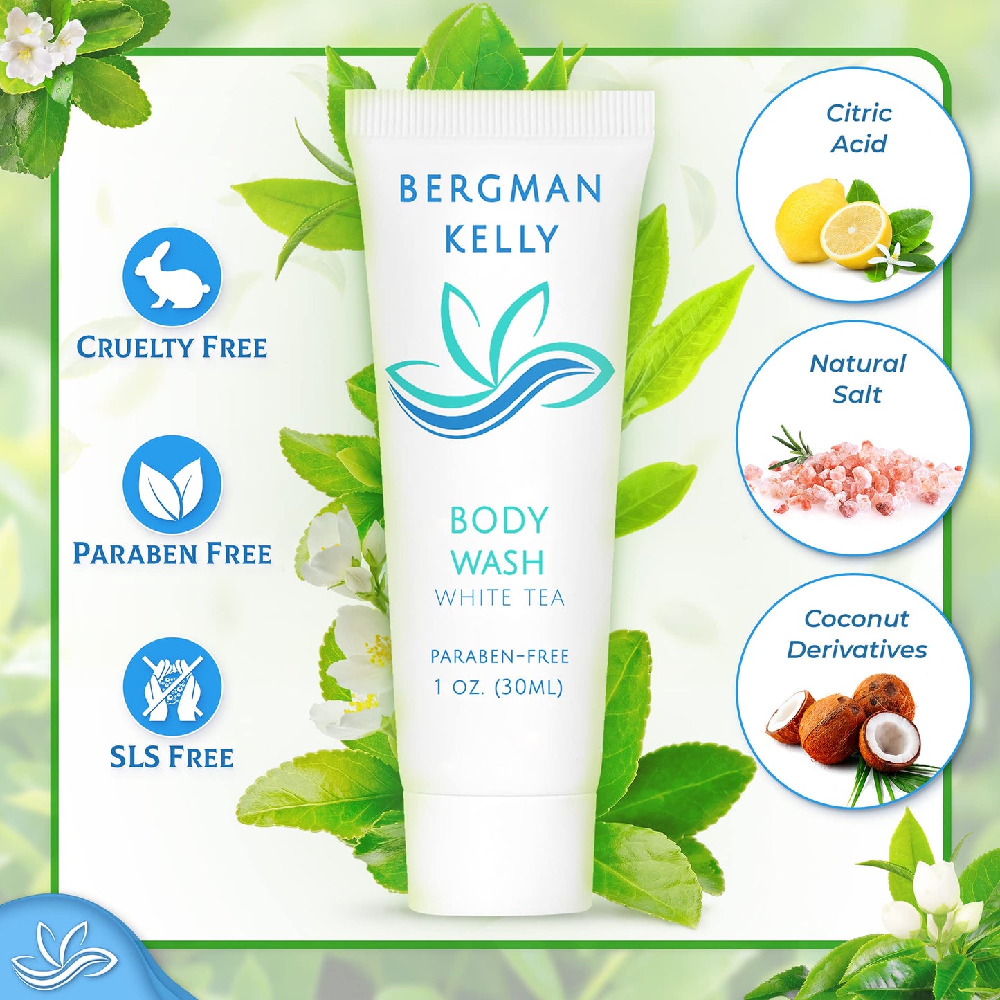 BERGMAN KELLY Travel Size Body Wash (1 fl oz, 200 Pack) – White Tea for Hotels & Hospitality