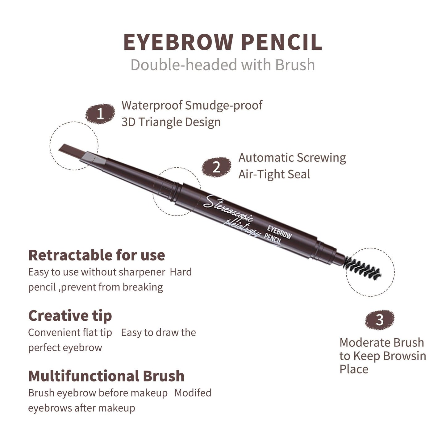 Berinist 12-Piece Medium Brown Waterproof Eyebrow Pencils – Retractable Dual-End with Brush, Triangular Tip