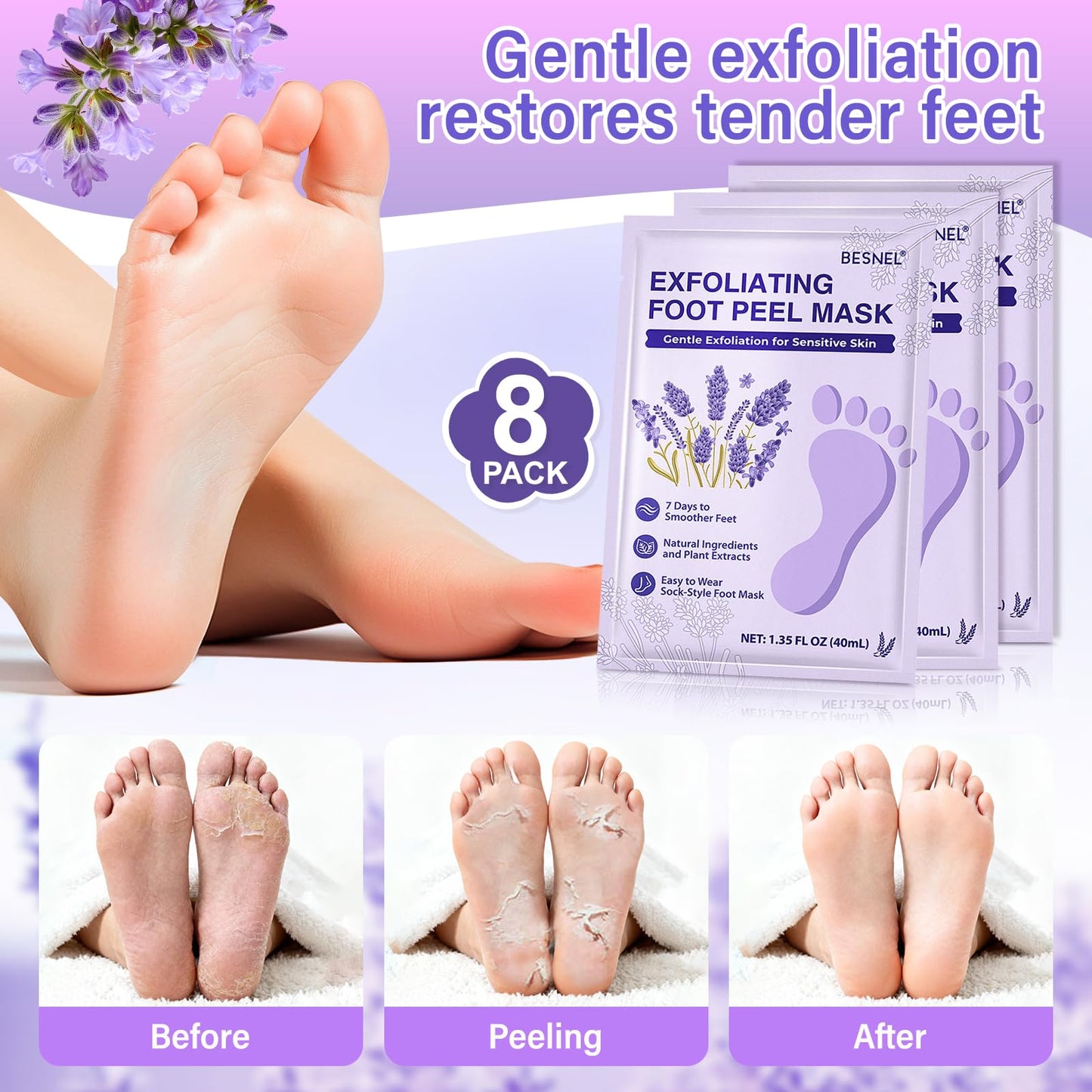 Besnel Foot Mask Set: Exfoliating & Moisturizing 20-Pack for Soft Feet