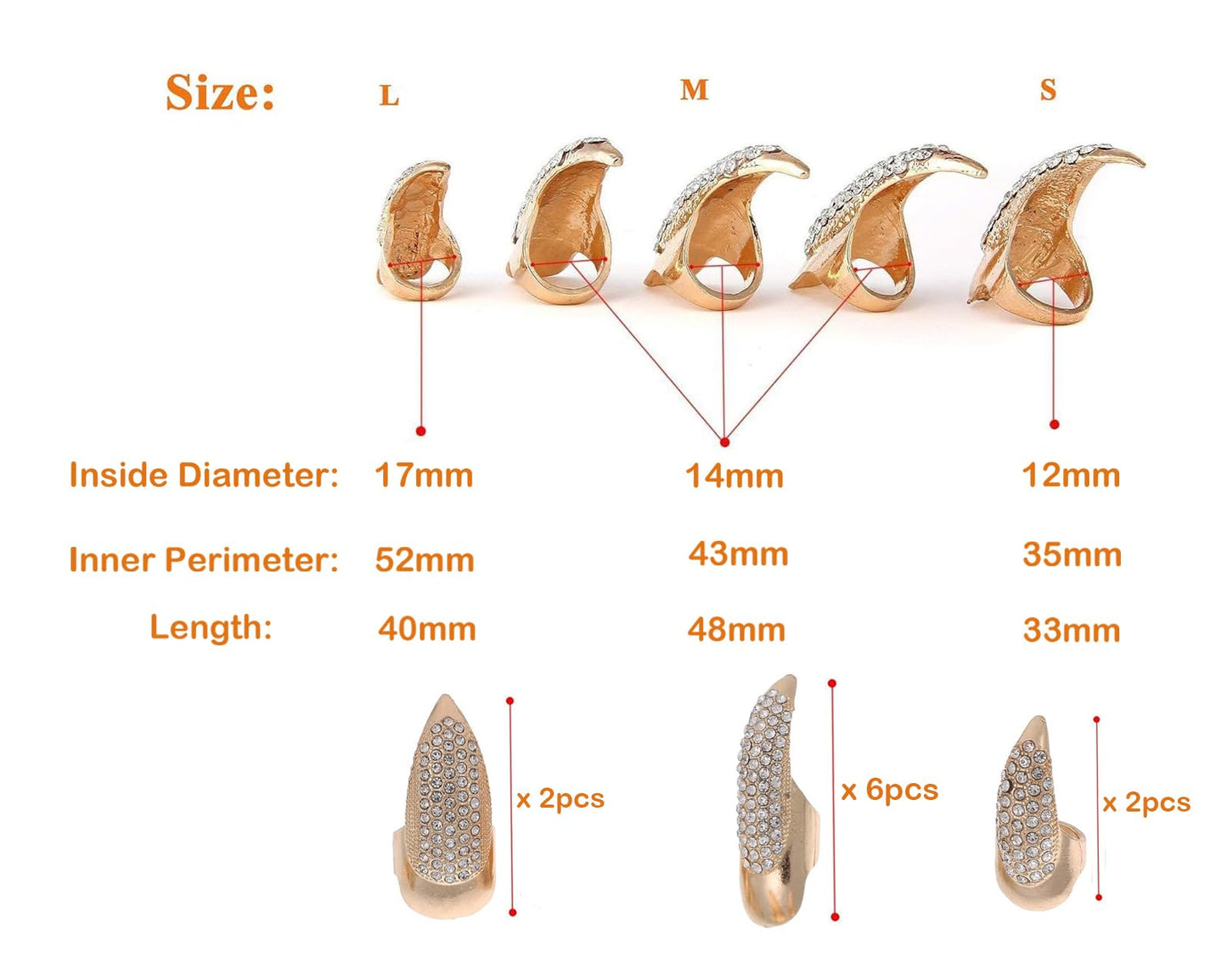 Bestga 10 Pcs Halloween Finger Claw Nails - Crystal Paved, 3 Sizes, Golden