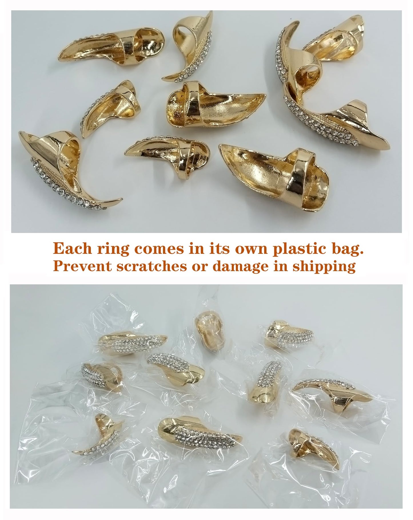 Bestga 10 Pcs Halloween Finger Claw Nails - Crystal Paved, 3 Sizes, Golden