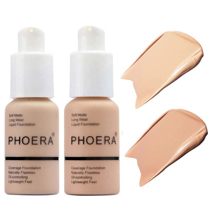 BestLand 2Pack PHOERA Foundation Full Coverage Liquid Foundation Cream - 102 Nude & 103 Warm Peach | Oil-Free, Long-Lasting