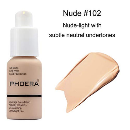 BestLand 5PCS PHOERA Foundation Set – Matte, Full Coverage, Oil-Control (102 Nude) | Primer, Brush, Sponge