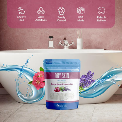 Dry Skin Bath Salt 32 oz – Better Bath Better Body, Epsom Salt with Geranium & Lavender Oils, Vitamin C (2-Pack) BPA-Free Pouch