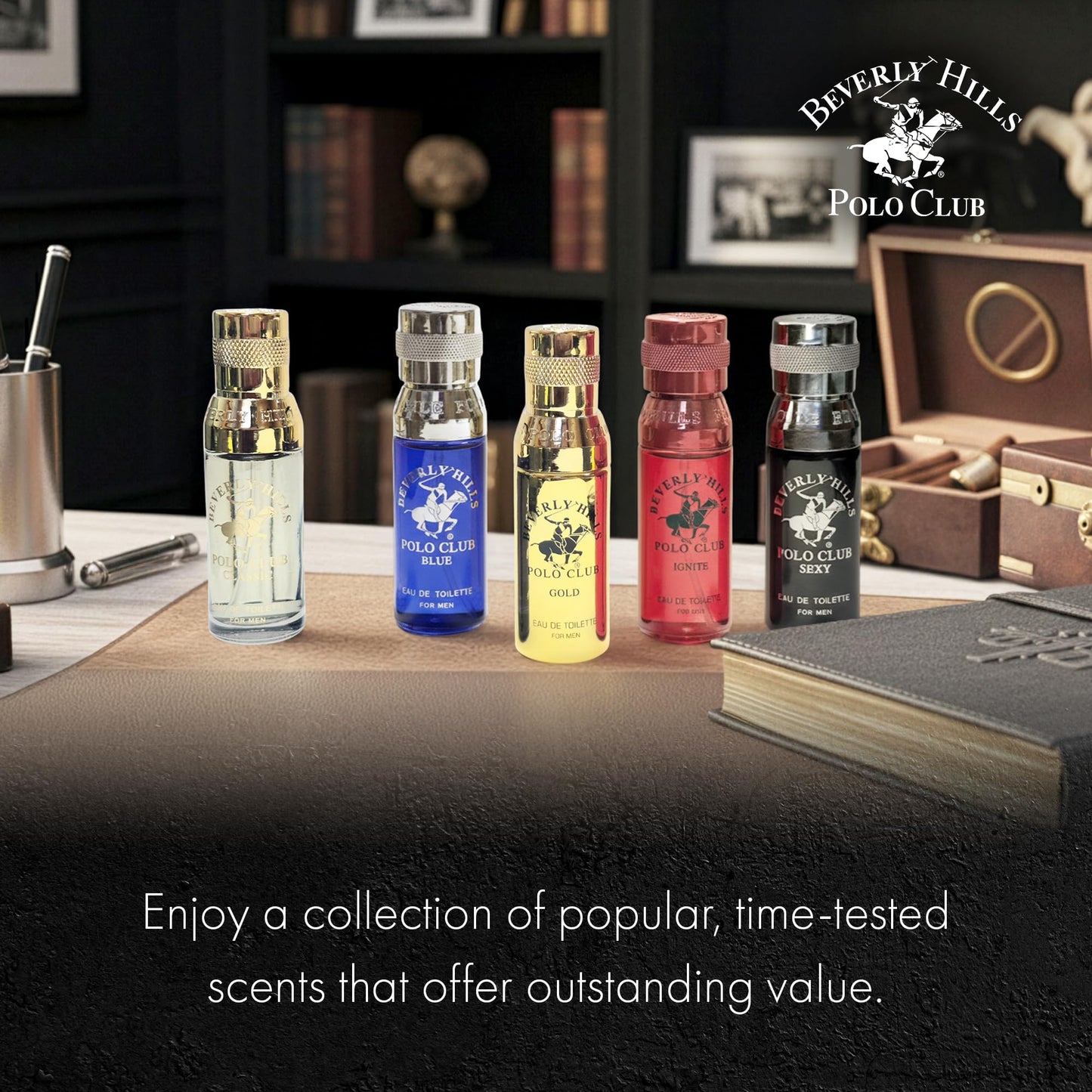 Beverly Hills Polo Club 5 Piece Mini EDT Gift Set for Men – 0.5oz Each (Gold, Ignite, Classic, Sexy, Blue)
