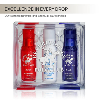 Beverly Hills Polo Club Men's Body Spray Collection – 3 x 3oz Gift Set for Everyday Freshness & Travel