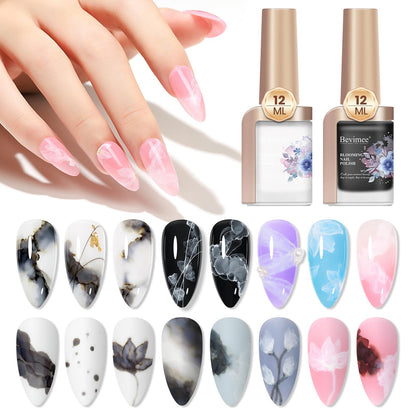 Bevimee Blooming Gel Nail Polish – Marble Watercolor Ink 12ML Black & White (2PCS) for Flower Nail Art