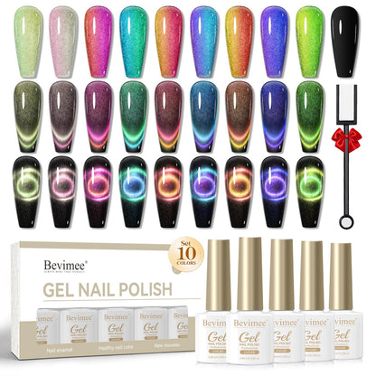 Bevimee 10 Colors 9D Cat Eye Gel Nail Polish Kit with Magnet Stick | Galaxy & Chameleon Nail Art