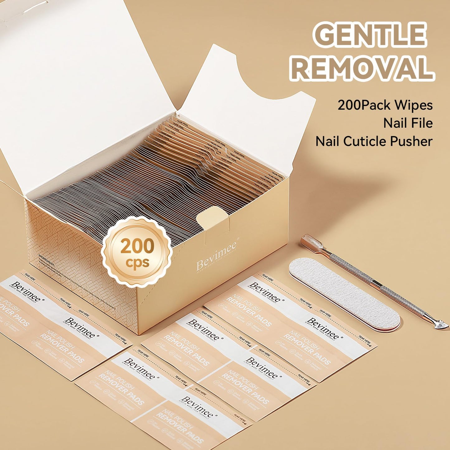 Bevimee Nail Polish Remover Pads – 200 Pack Acetone Gel Polish Wipes with Nail File & Cuticle Pusher
