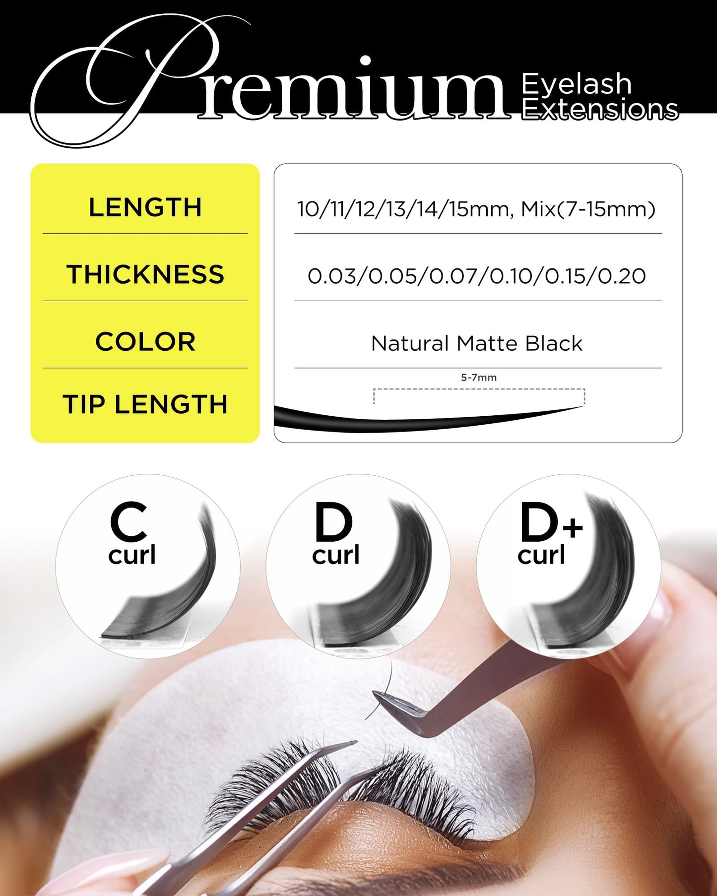 BEYELIAN Classic Volume Lash Extensions - CD+ Curl, 7-15mm, 0.03-0.20mm Thickness, Matte Black