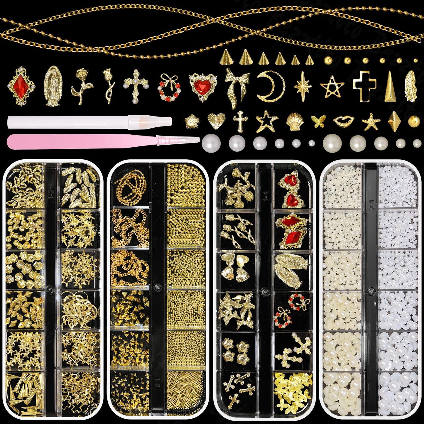 Bezztito 4 Boxes Gold Caviar & Pearl Nail Beads – Luxe Alloy Charms, Chains & Rivets for DIY Nail Art