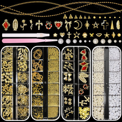 Bezztito 4 Boxes Gold Caviar & Pearl Nail Beads – Luxe Alloy Charms, Chains & Rivets for DIY Nail Art