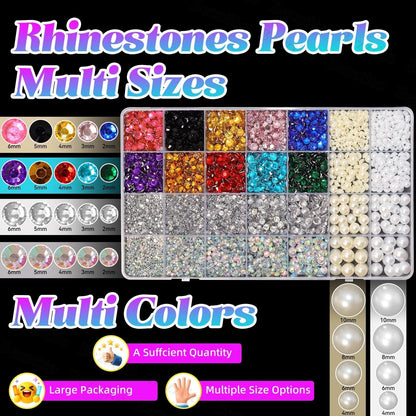 Bezztito 14000Pcs Colorful Flatback Rhinestones & Pearls Bedazzling Kit | 2-6mm Rhinestones, 4-10mm Flatback Pearls for DIY Nail Art & Crafts