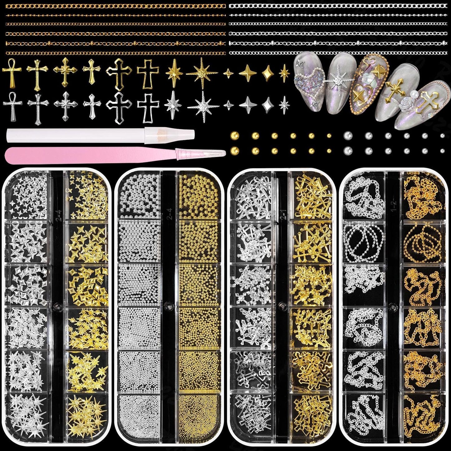 Bezztito Gold Silver Caviar Nail Beads & 3D Starburst Charms Kit