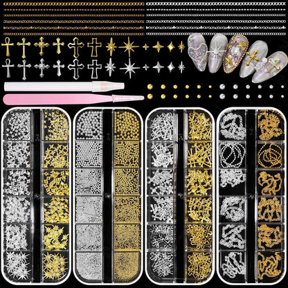 Bezztito Gold Silver Caviar Nail Beads & 3D Starburst Charms Kit